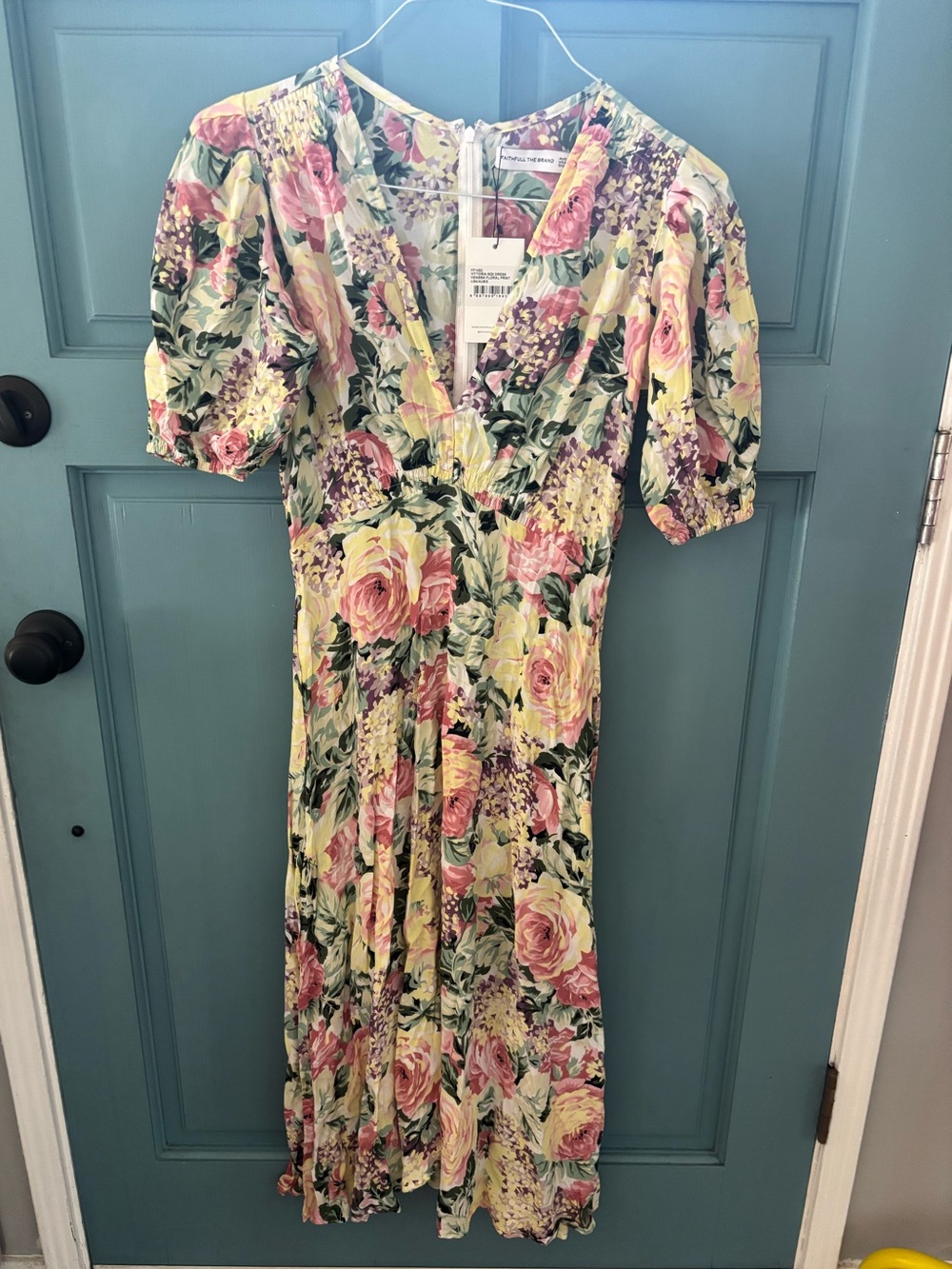 Faithfull the Brand Yellow Floral V-Neck Midi Dress with Pink Roses